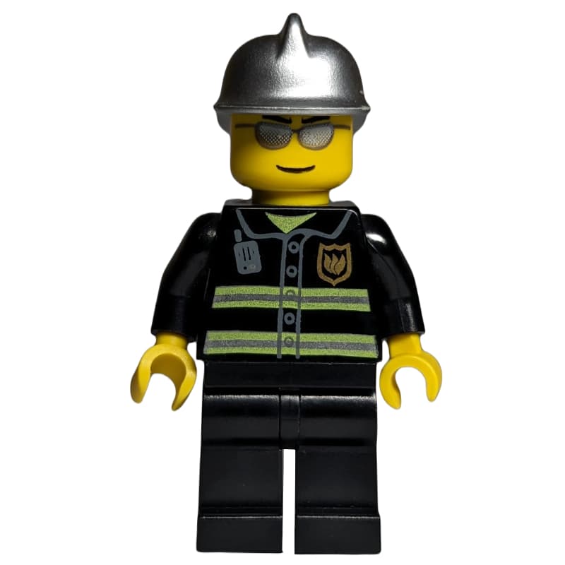 Fireman, Black Fire Jacket with Reflective Stripes, Radio, and Badge, Silver Helmet, Silver Sunglasses
