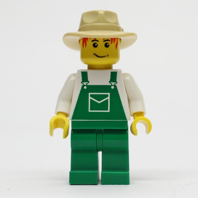 Man, Green Overalls, Tan Wide Brim Hat