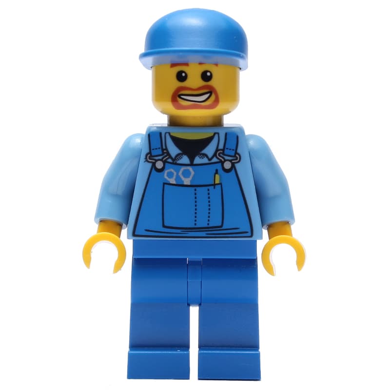 Construction Worker, Blue Overalls over Medium Blue Shirt, Blue Cap, Goatee Beard
