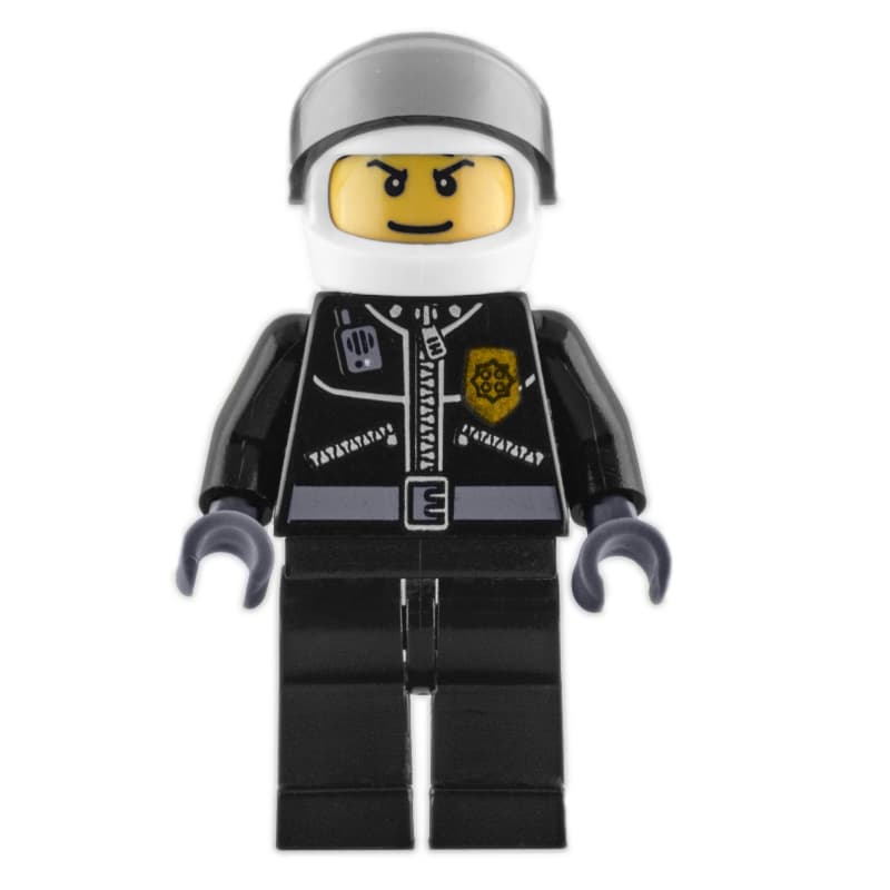 Policeman, Black Jacket with Zipper, Radio, and Badge, White Helmet and Visor, Printed Hair-line