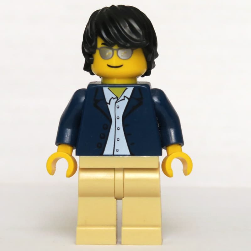 Man, Open Dark Blue Jacket, Tan Legs, Black Hair, Silver Sunglasses