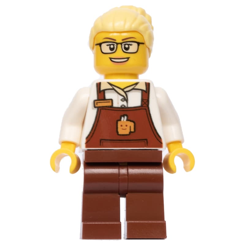 Barista, Woman, White Torso, Reddish Brown Apron, Bright Light Yellow Hair