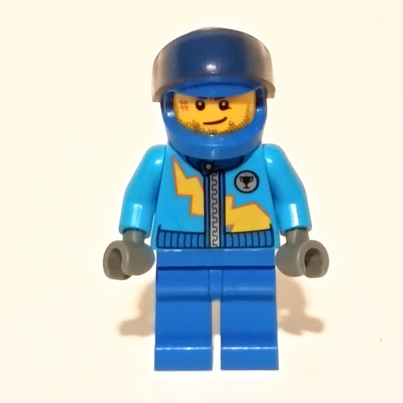 Racer with Dark Azure Jacket with Zipper and Yellow Lightning Bolt, Blue Helmet with Trans-Brown Visor
