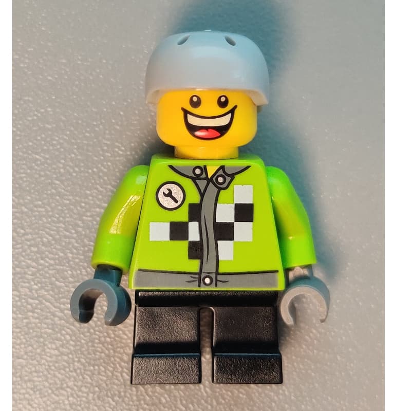 Boy, Lime Jack with Black and White Checks, Short Black Legs, Light Bluish Gray Helmet