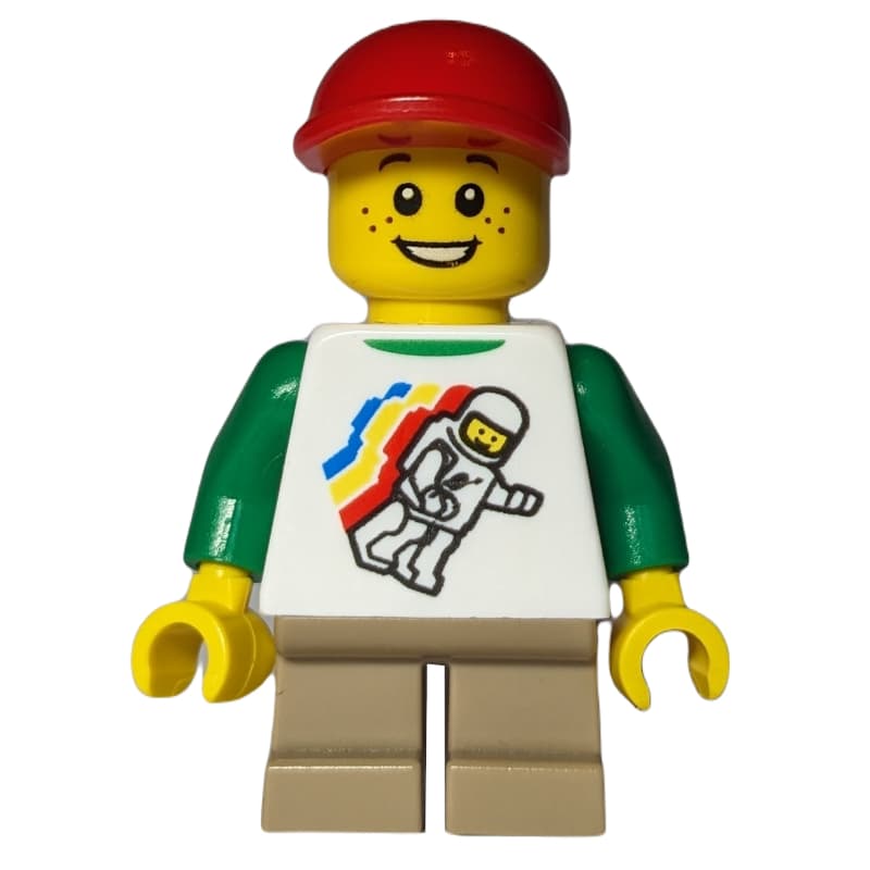 Boy, Floating Classic Spaceman on Shirt, Short Tan Legs, Red Cap