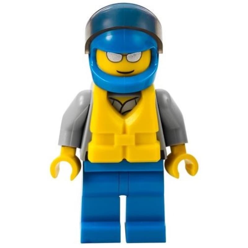 Coast Guard, Light Bluish Gray Shirt with Badge, Blue Helmet with Visor, Yellow Life Vest, Silver Sunglasses
