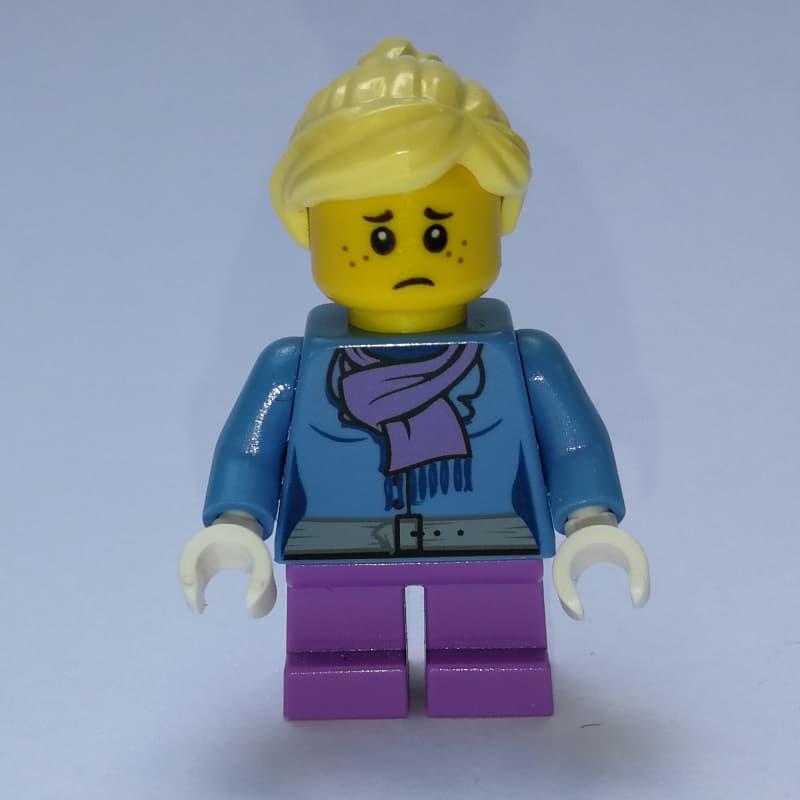 Girl, Medium Blue Jacket with Medium Lavender Scarf, Short Medium Lavender Legs, Bright Light Yellow Hair