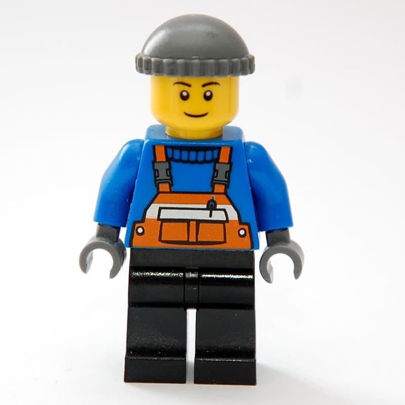 Man, Orange Overalls over Blue Sweater, Black Legs, Dark Bluish Gray Hat, Brown Eyebrows