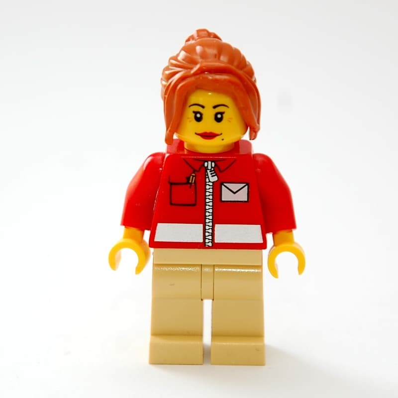 Postal Worker, Woman, Red Jacket with Zipper and Letter Logo, Dark Orange Hair