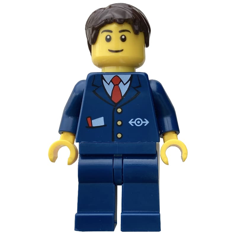 Conductor, Blue Suit with Train Logo, Dark Brown Hair