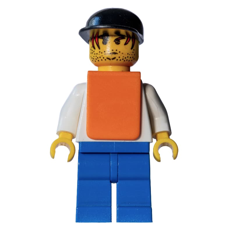 White Torso, Orange Vest, Blue Legs, Black Cap