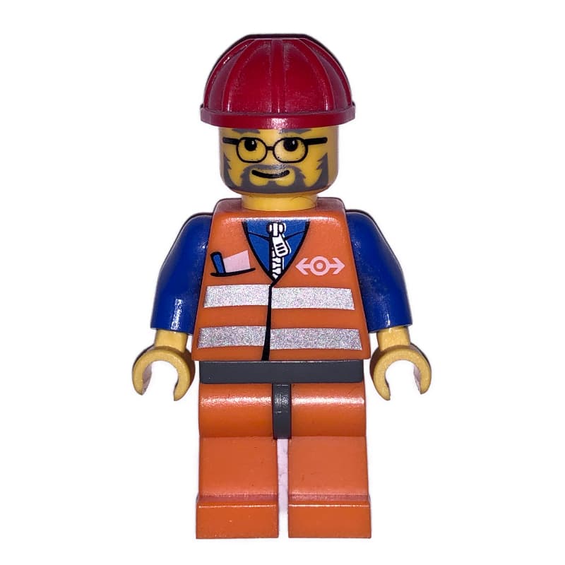 Train Worker, Orange Safety Vest with Train Logo, Orange Legs, Red Hard Hat, Glasses and Beard