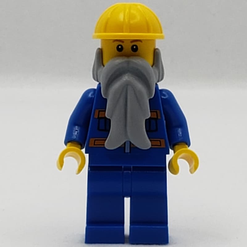 Man, Blue Jacket with Orange Stripes, Blue Legs, Yellow Hard Hat, Light Bluish Gray Beard, Reddish Brown Eyebrows