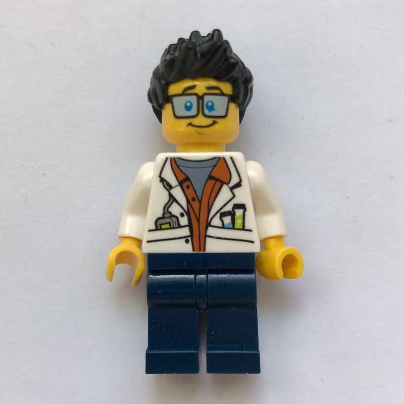 Scientist, Open White Jacket over Dark Orange Shirt, Dark Blue Legs, Glasses