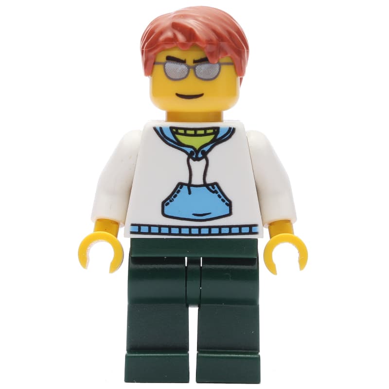 Man, White and Blue Hoodie, Dark Green Legs, Dark Orange Hair, Sunglasses