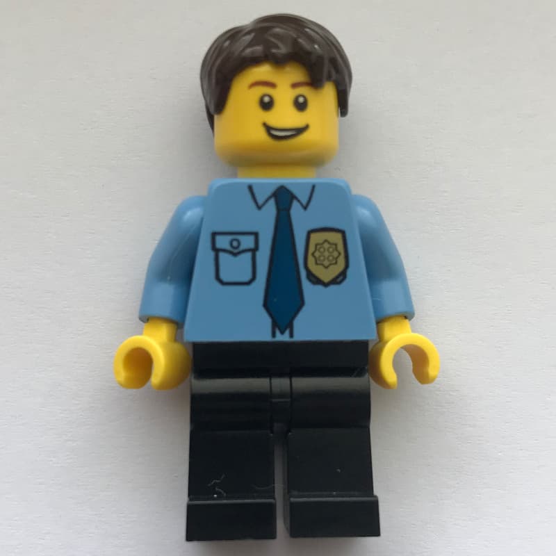 Policeman, Medium Blue Shirt with Badge and Tie, Black Legs, Dark Brown Hair