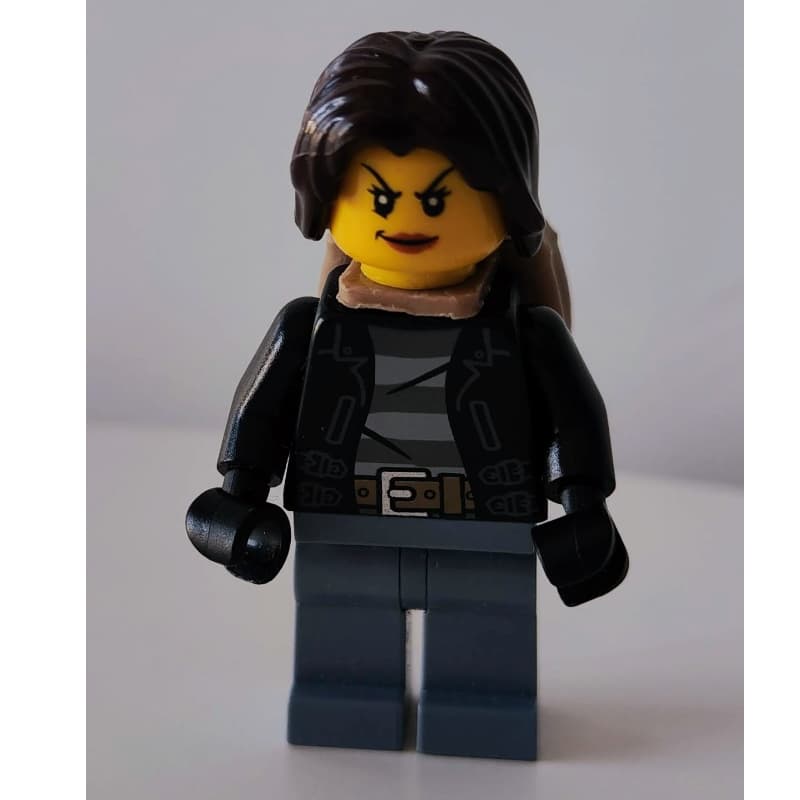 Criminal, Woman, Open Black Jacket over Prison Shirt, Dark Brown Hair, Dark Tan Backpack