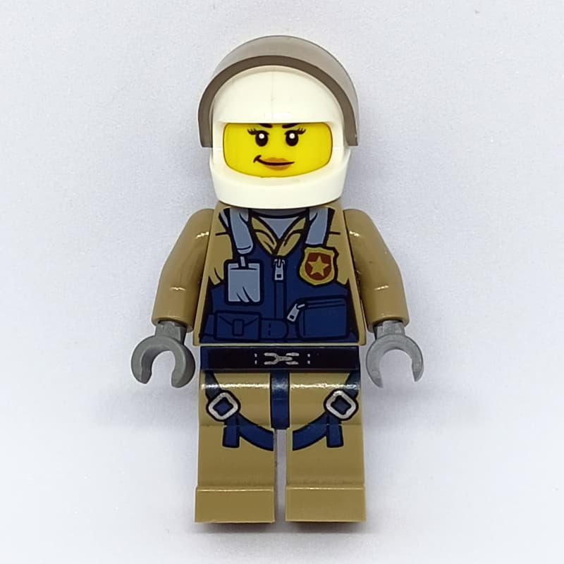 Policewoman, Dark Blue Vest over Dark Tan Jacket with Zipper and Badge, White Helmet with Visor