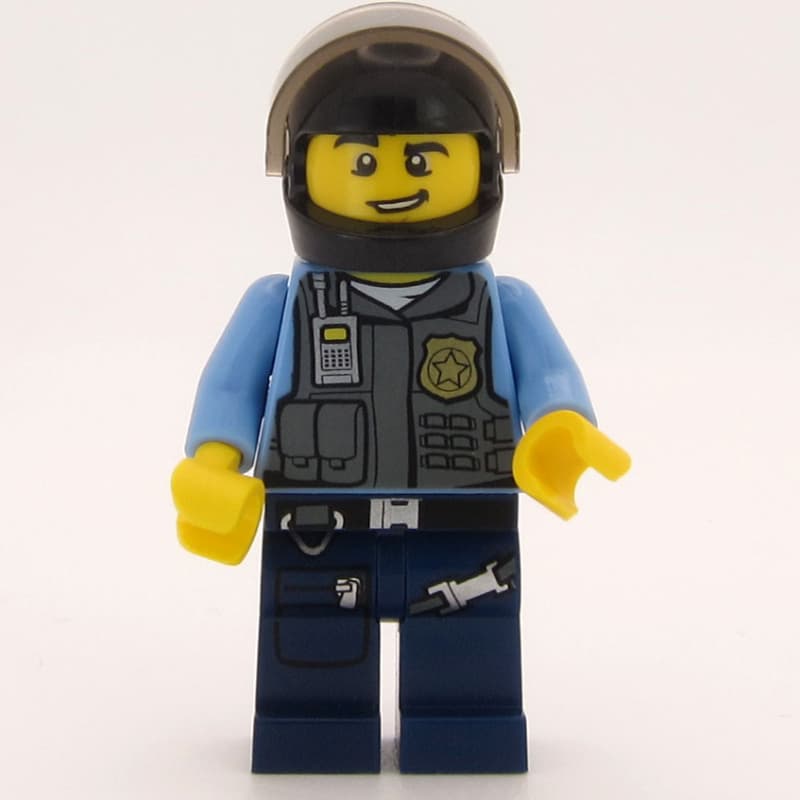 Policeman, Dark Bluish Gray Vest with Radio, Badge and Pouches over Medium Blue Shirt, Black Helmet with Visor, Open Mouth