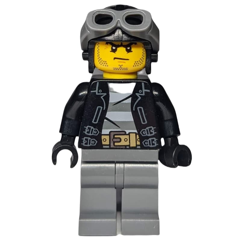 Criminal, Open Black Jacket over Prison Shirt, Dark Bluish Grey Legs, Black Hat with Goggles