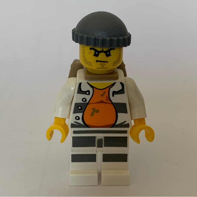 Criminal, Open Prison Shirt #18675 over Orange Top, Dark Bluish Gray Hat, Dark Tan Backpack, Stubble