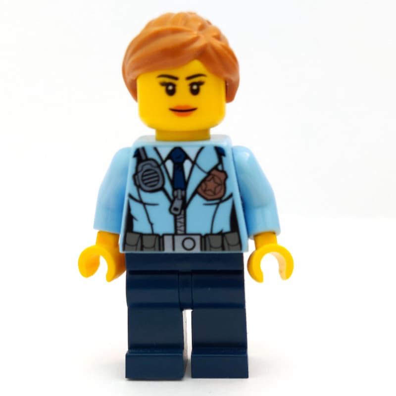 Policewoman, Bright Light Blue Jacket with Zipper, Radio, Badge, and Tie, Dark Blue Legs, Medium Nougat Hair