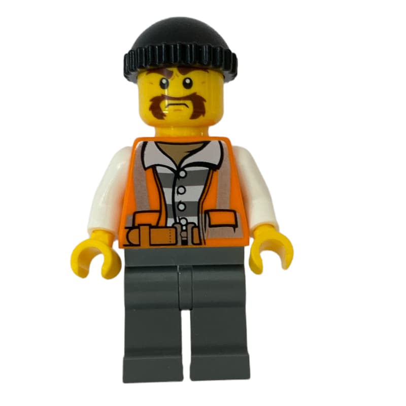 Criminal, Open Orange Safety Vest Over Prison Shirt, Black Hat, Bushy Moustache