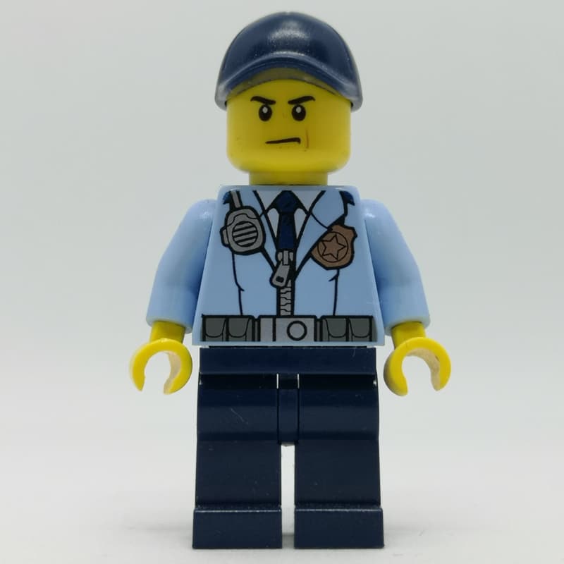 Policeman, Bright Light Blue Jacket with Zipper, Radio, Badge, and Tie, Dark Blue Legs, Dark Blue Cap