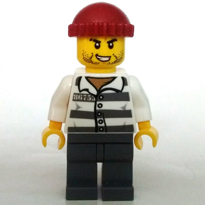 Criminal, Prison Shirt with #86753, Dark Bluish Gray Legs, Dark Red Hat