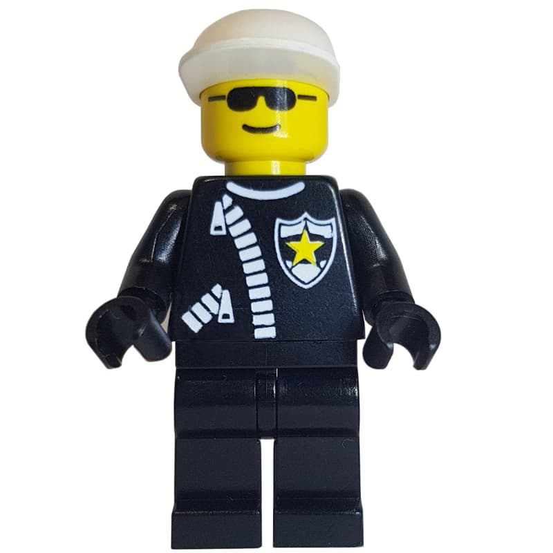 Policeman, Black Jacket with Zipper and Badge, White Cap, Sunglasses