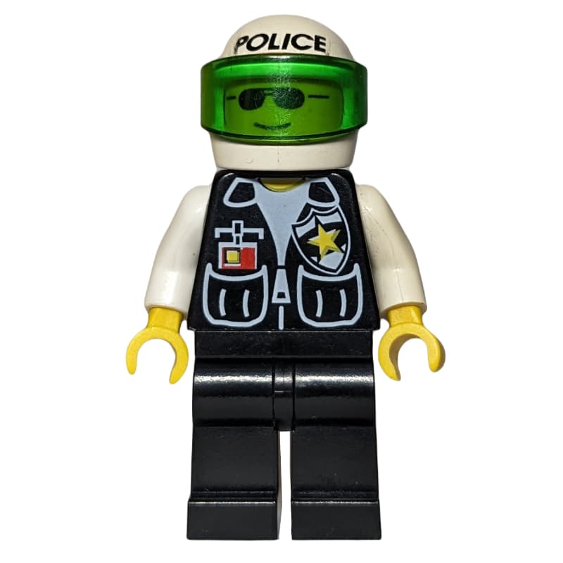 Policeman, Black Vest with Badge and Pockets, White Helmet with 'POLICE' and Trans-Green Visor, Sunglasses