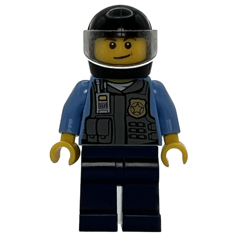 Policeman, Dark Bluish Gray Vest with Radio, Badge and Pouches over Medium Blue Shirt, Black Helmet with Visor