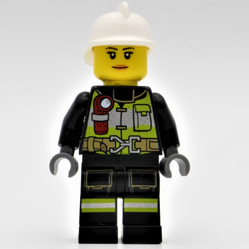 Firewoman, Black Fire Suit with Gauge and Straps, White Helmet