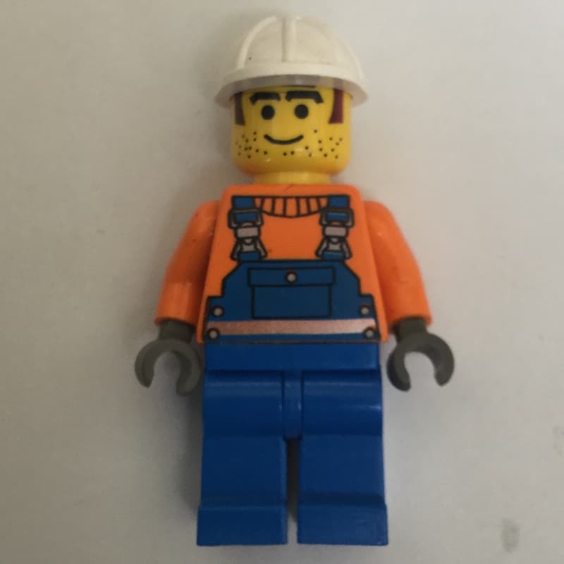 Construction Worker, Blue Overalls over Orange Sweater, White Hard Hat, Printed Hair and Stubble
