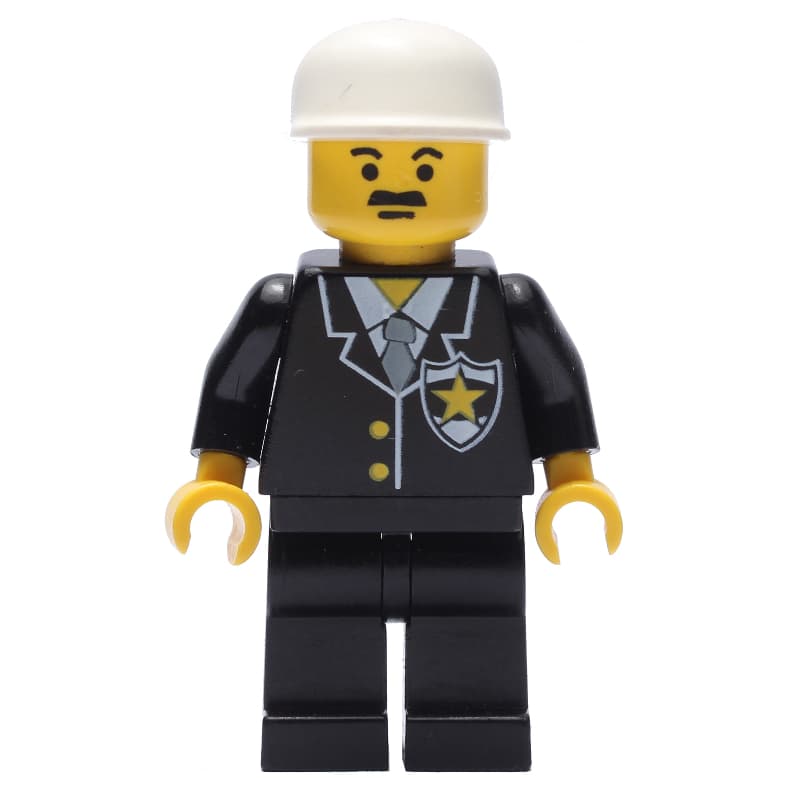 Policeman, Black Jacket with Tie and Badge, Black Legs, White Cap, Moustache