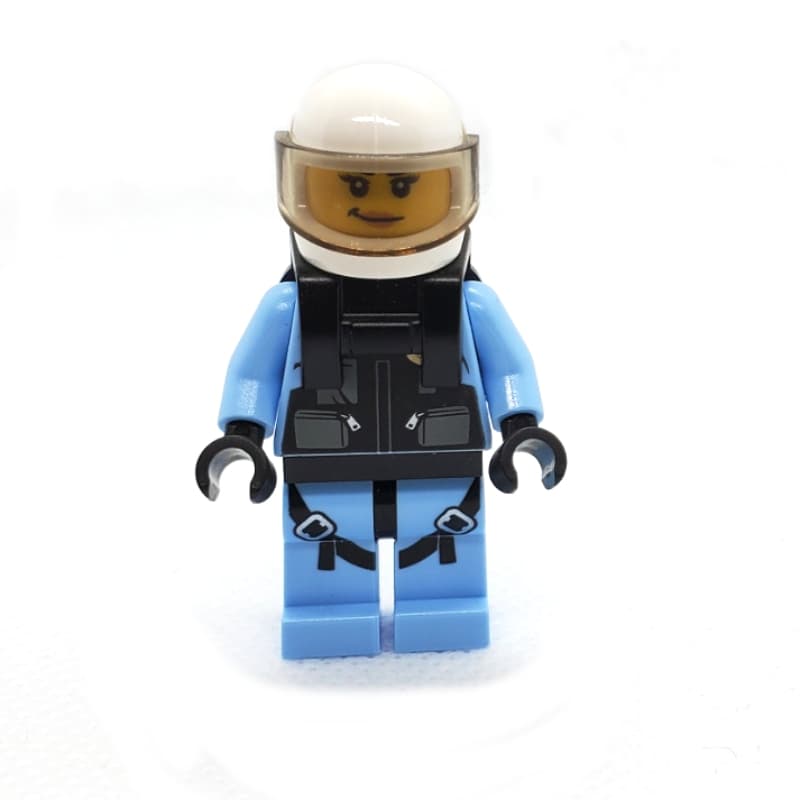 Policewoman, Black Vest with Badge and Pouches over Bright Light Blue Shirt, White Helmet with Trans-Brown Visor, Neck Bracket