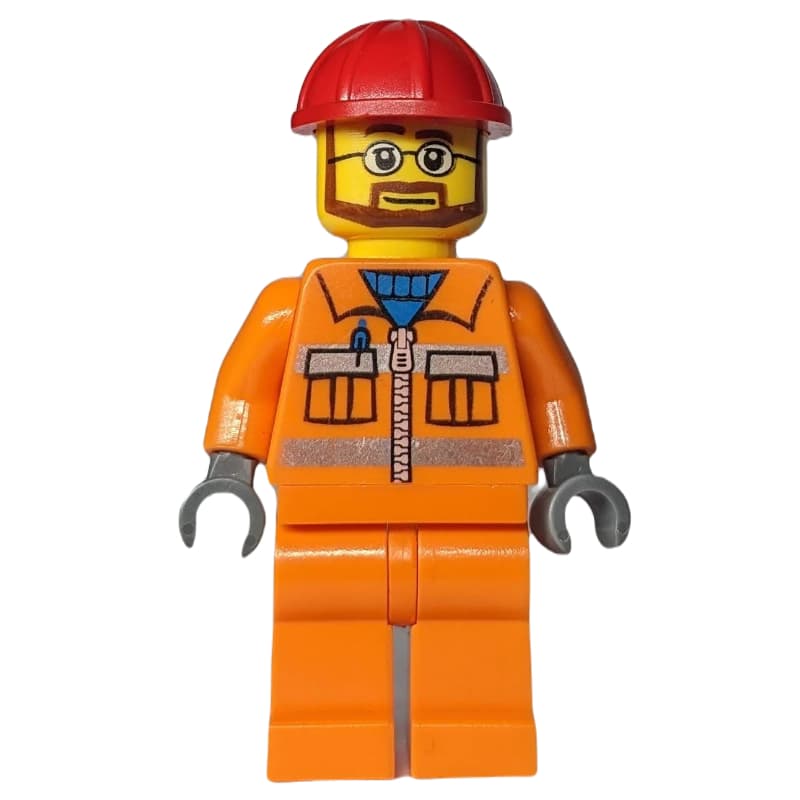 Construction Worker, Orange Jacket with Zipper and Reflective Stripes, Orange Legs, Red Hard Hat, Beard and Glasses