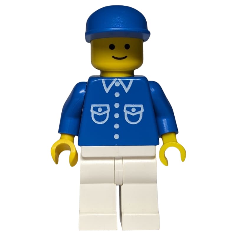 Man, Blue Shirt with Buttons and Pockets, White Legs, Blue Cap