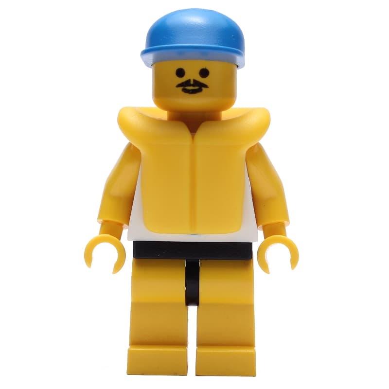 Man, White Tank Top with Windsurfer, Yellow Legs, Blue Cap, Yellow Life Vest, Moustache