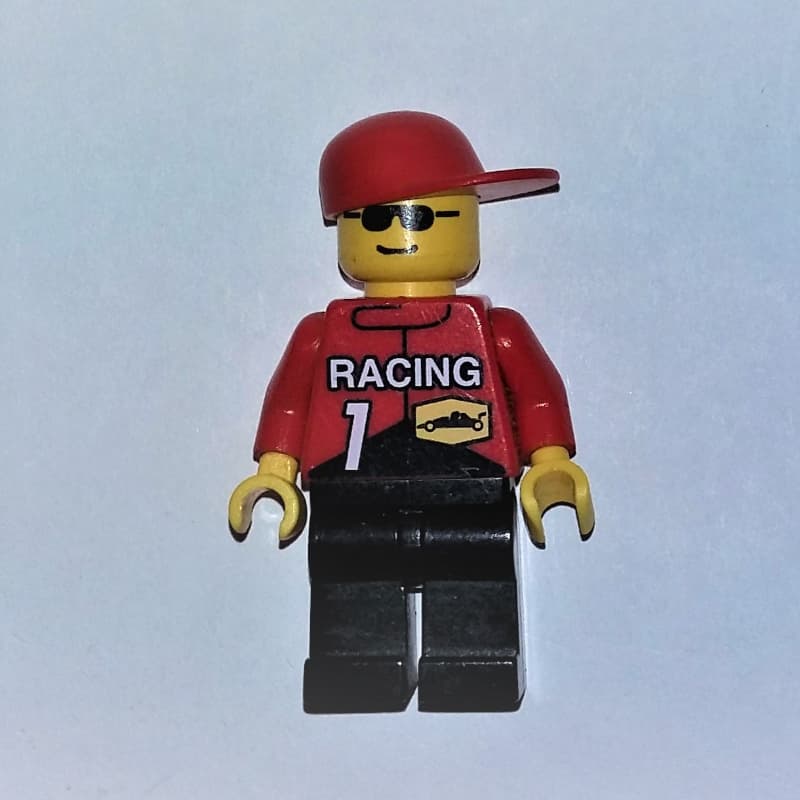 Racer, Red Jacket with 'RACING' and '1', Red Cap, Sunglasses