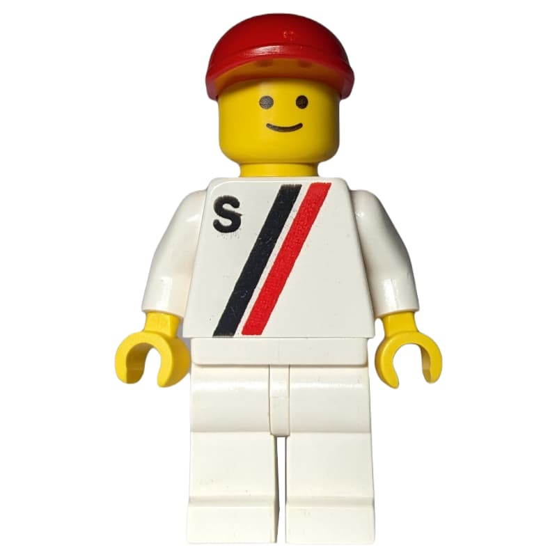 Racer, White Shirt with Two Stripes and 'S', White Legs, Red Cap