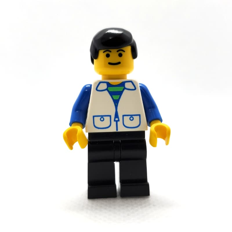 Man, Open White Vest over Blue and Green Striped Shirt, Black Legs, Black Hair