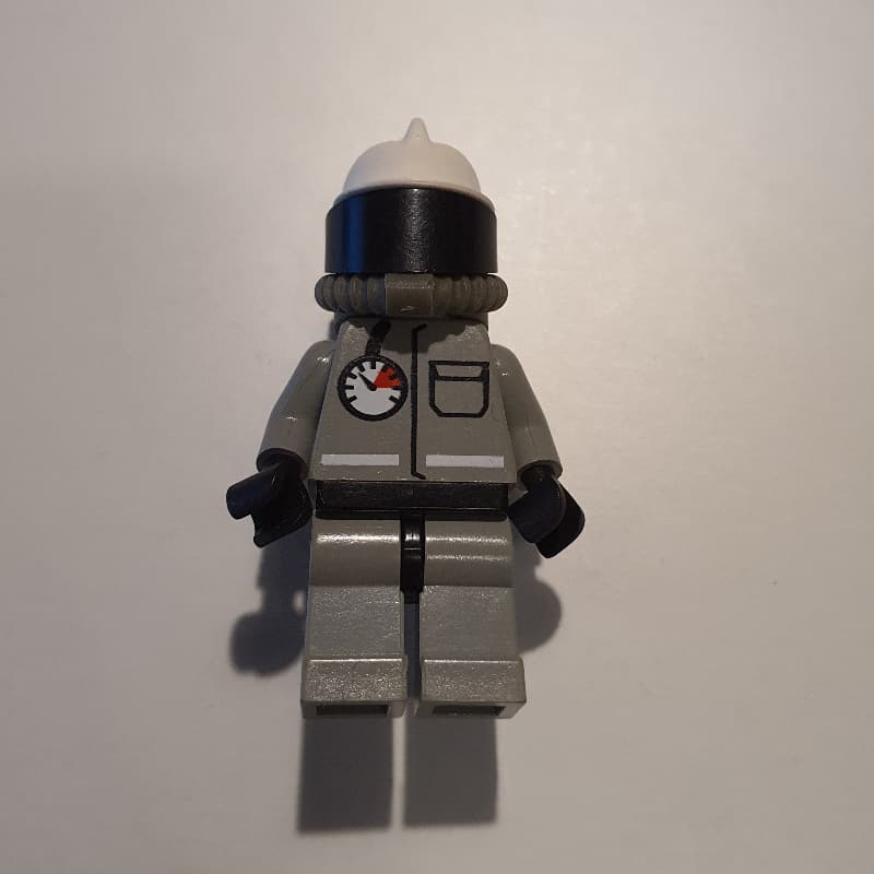 Fireman, Light Gray Fire Suit with Gauge and Pocket, White Helmet with Visor, Breathing Apparatus, Airtanks, Moustache