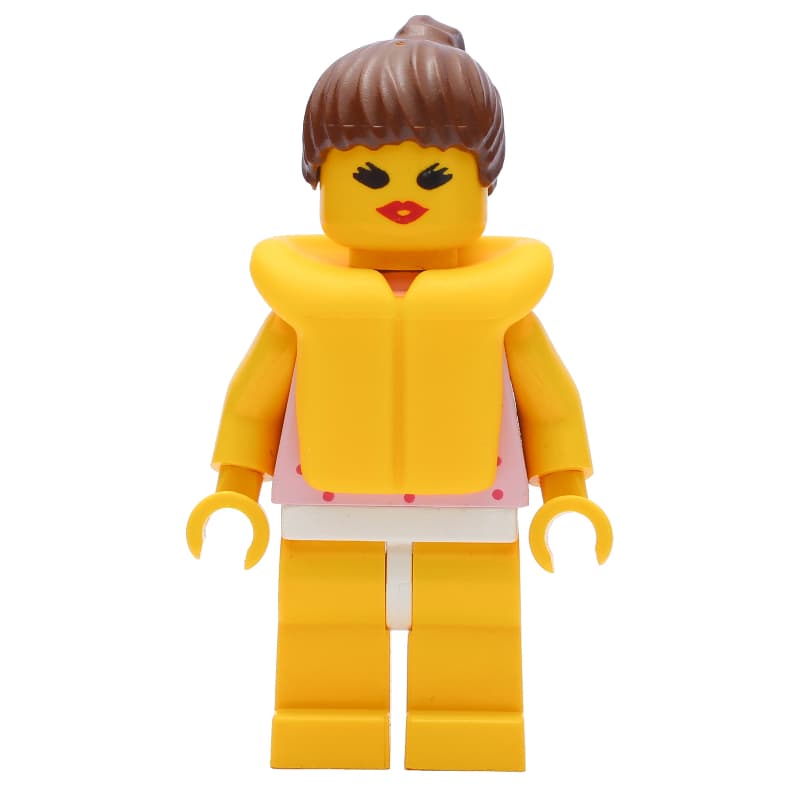 Woman, Pink Top with Spots, Yellow Legs, Brown Hair, Yellow Life Vest