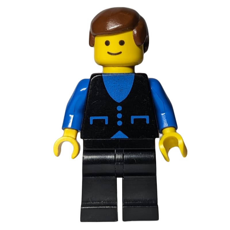 Man, Black Vest over Blue Shirt, Black Legs, Brown Hair