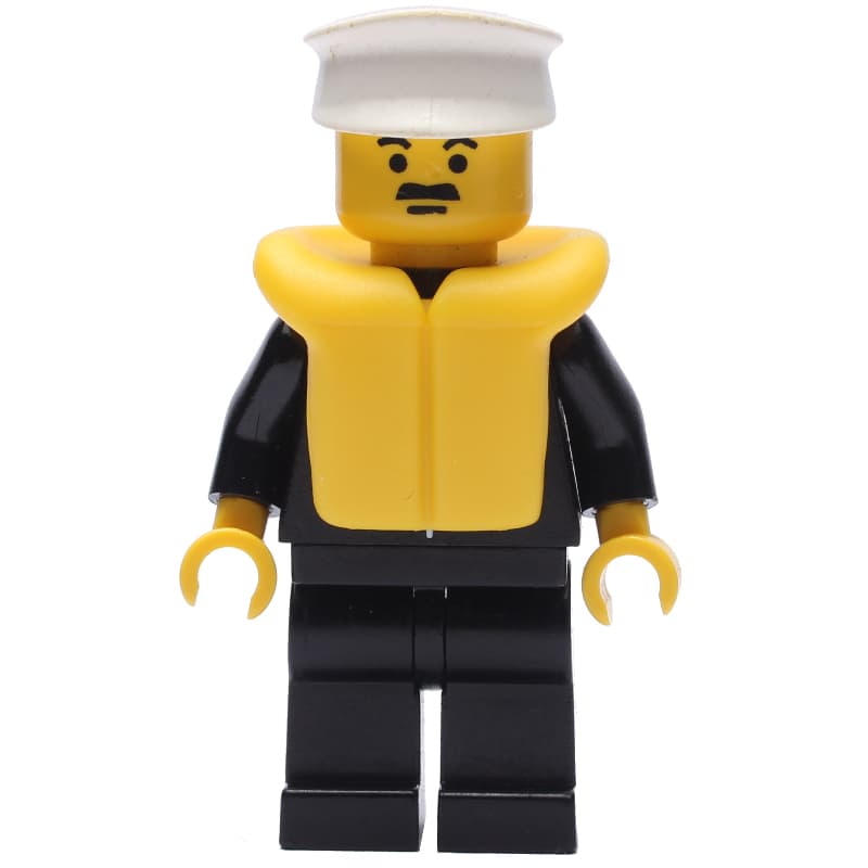 Policeman, Black Suit with Tie and Badge, White Hat, Yellow Life Vest, Moustache