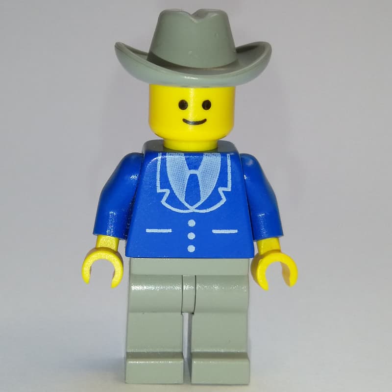 Man, Blue Jacket with Tie and Three Buttons, Light Gray Legs, Light Gray Cowboy Hat (3626a Head)