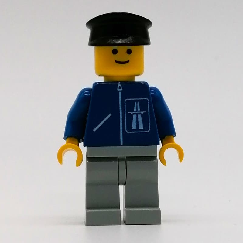 Man, Blue Jacket with Highway Logo, Light Gray Legs, Black Hat