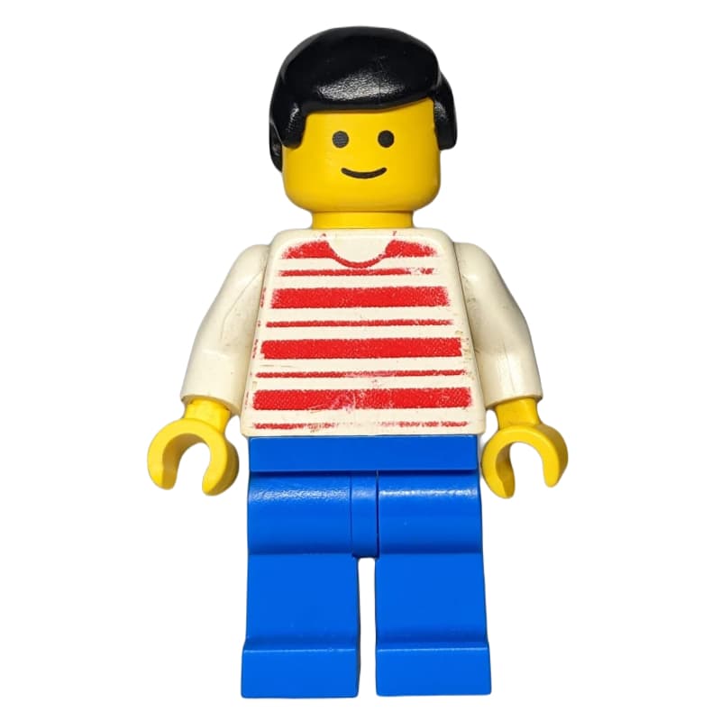 Man, Red and White Striped Shirt, Blue Legs, Black Hair