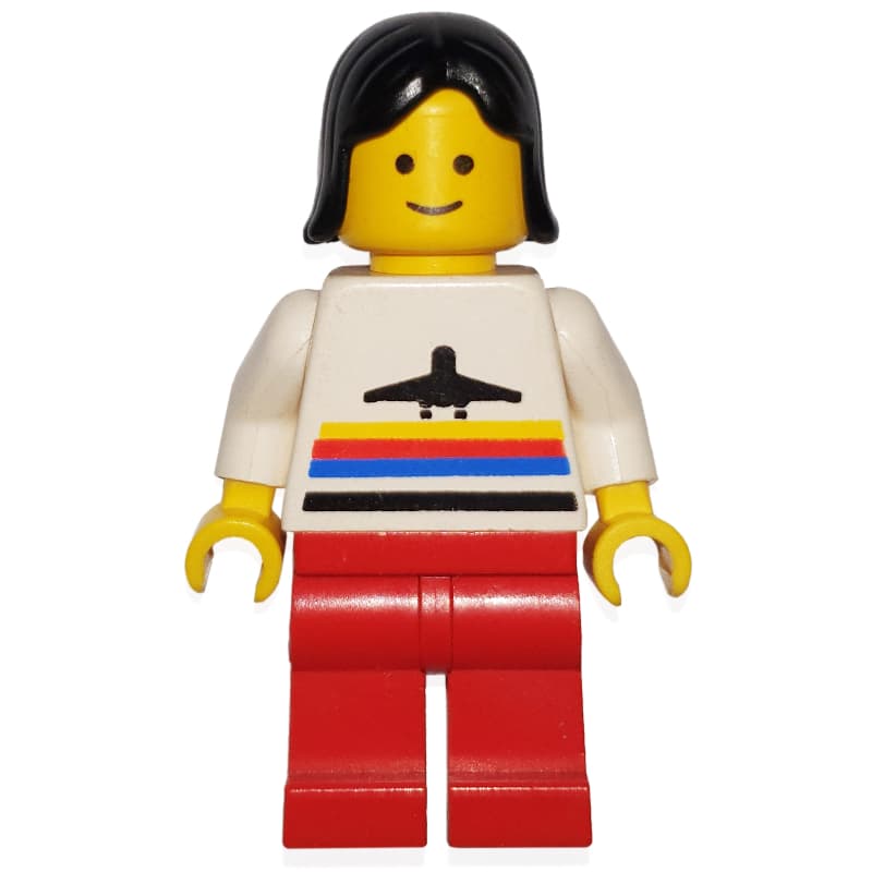 Woman, White Shirt with Airplane, Red Legs, Black Hair